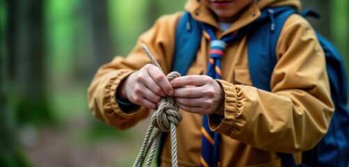 Boy scout in uniform ties knot outdoors. Scout activity. Boy concentrates on knot tying. Outdoors scout program. Woodland scout experience. Learning knot-tying skill. Essential outdoor skill. Scout