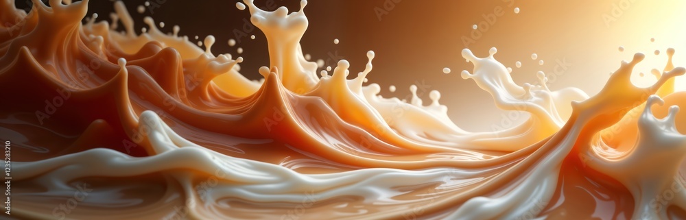 Poster swirling coffee, milk create mesmerizing art display of fluid motion. rich colors, textures blend in