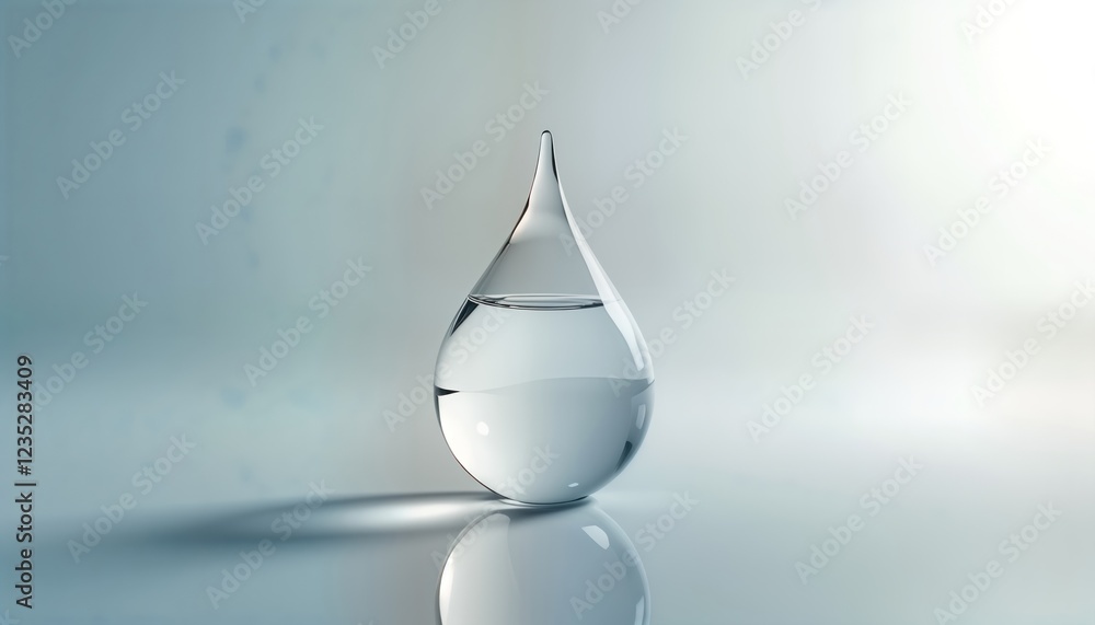 Poster clear water drop sits on white surface. drop creates soft shadow. pure liquid droplet. simple design