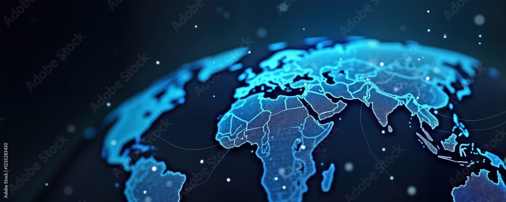Aufkleber Digital abstract image of glowing connections between countries on globe. Worldwide tech connections visualized as light rays. Futuristic tech design. Global communication. Advanced worldwide