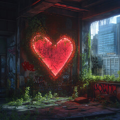 Glowing Heart Symbol on an Abandoned Wall, Post-Apocalyptic Urban Love Concept with Overgrown Ruins and Graffiti