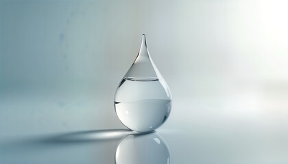 Fototapeta premium Clear water drop sits on white surface. Drop creates soft shadow. Pure liquid droplet. Simple design. Minimalist style. Abstract macro view. Focus on beauty, health. Represents nature element. Ideal