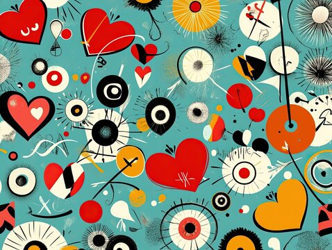 A pattern of bold red hearts, arrows, and 'XO' in a retro 80s aesthetic, vibrant color palette