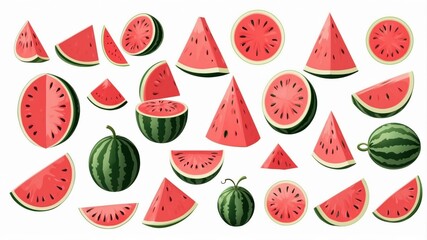 A vibrant collection of watermelon slices and whole watermelons, showcasing the juicy fruit in various cuts and perspectives.