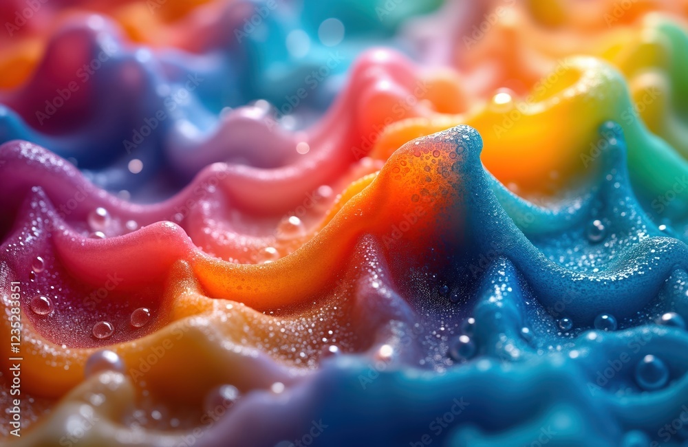 Poster Macro view of vibrant soap bubbles. Rainbow colors, psychedelic patterns create mesmerizing visual effect. Water droplets add texture. Abstract art composition of liquid patterns. Soap solution forms