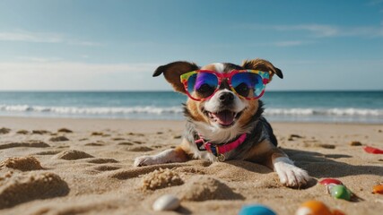 A cheerful dog in sunglasses enjoys a sunny day at the beach, relaxing on the warm sand.