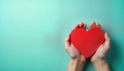 Obraz premium Two hands gently hold red heart shape against light teal background. Image evokes feeling of care, compassion. Image perfect for health care advertising for valentines day campaign. Design elegant