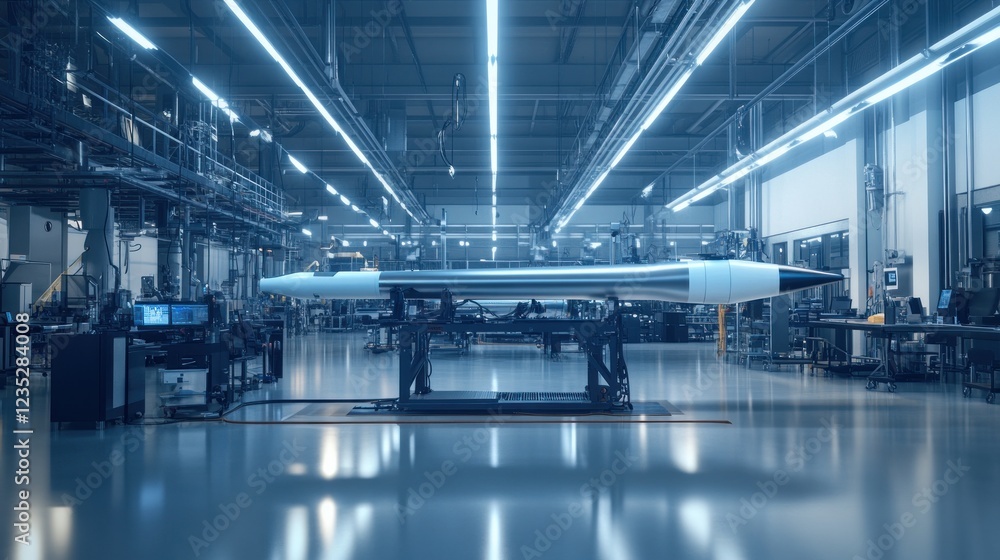 Poster a large missile rests inside a modern factory building