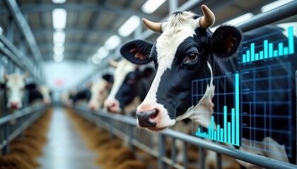 Modern dairy farm with cows. Digital data overlays represent tech for livestock management. Cows in pens. Farm efficient, sustainable. Graphs show monitoring, eco-friendly production. Data