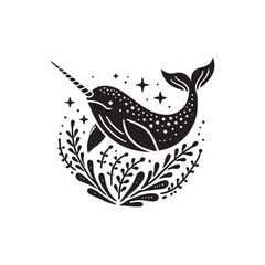 Black Color Narwhal silhouette design Vector Illustration, Solid White Background (2).eps