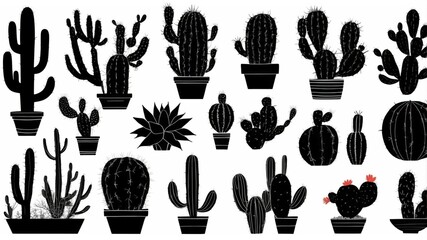 Fototapeta premium A collection of various cacti and succulents, potted and displayed in silhouette against a white background. These desert plants show a variety of shapes and sizes.