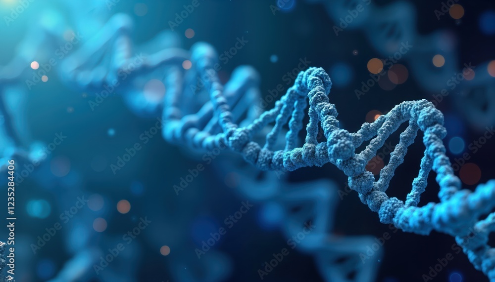 Poster Close-up view of complex DNA structure in lab setting. Medical tech future lab concept. Regenerative medicine tech development. Biotechnology innovations. Genetic testing, pharmaceutical research.