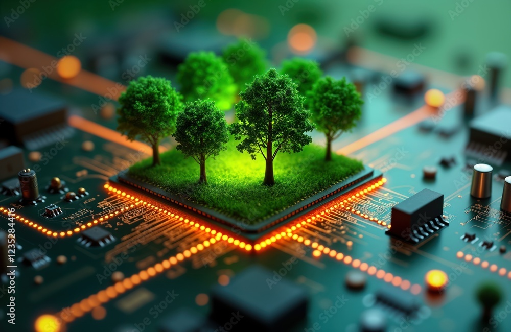 Poster eco tech concept. small trees grow on chip inside circuit board. sustainable tech future. green ener
