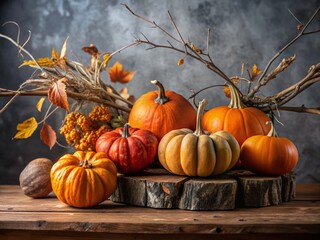 Elegant Fall Still Life: Pumpkins and Branches on Wooden Bench