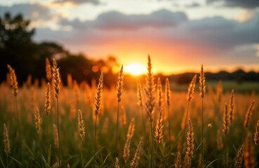 Fototapeta premium Golden grasses in regenerative pasture at sunset. Sunlight bathes native plants. Rural landscape in Australia. Healthy growth. Beautiful countryside scene. Sustainable farming. Carbon sequestration.
