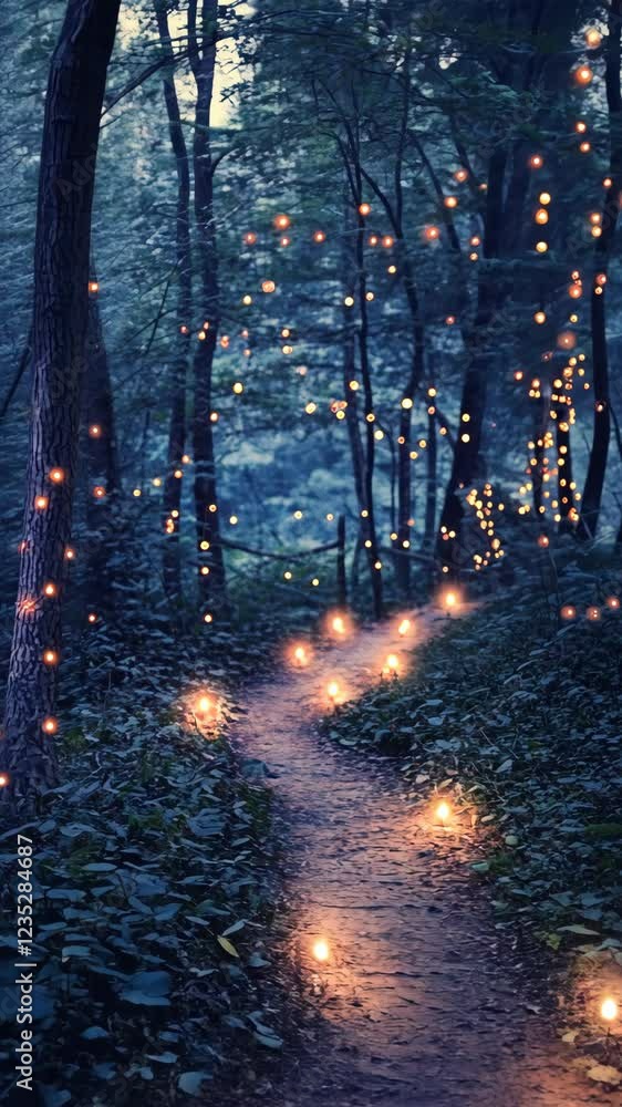 Poster pathway illuminated by fairy lights in a serene forest during twilight hours