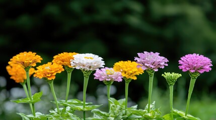 Obraz premium Colorful zinnia flowers grow in a neat row against a soft green garden background.
