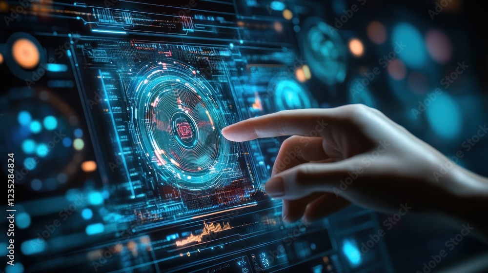 Poster a finger interacts with a futuristic digital interface