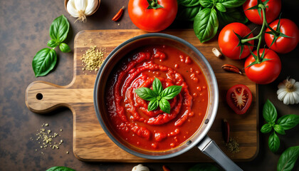 Homemade Italian tomato sauce in pan atop wooden cutting board. Fresh basil leaves, ripe tomatoes arranged around pan. Rustic Italian food preparation ideal for pasta, pizza. Kitchen ingredients like