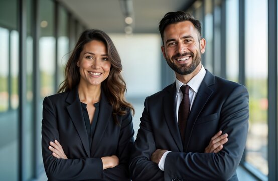 Two confident businesspeople stand together in modern office. Smiling at camera, wearing pro business suits. Photo evokes sense of success, teamwork, suitable for advertising business promotion
