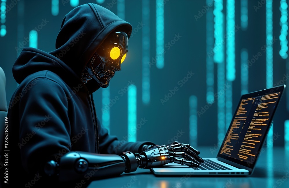 Poster cyberpunk robot hacker types code on laptop. modern robot with hoodie in dark room. digital network 