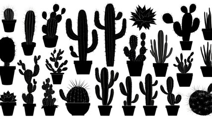 Fototapeta premium A diverse collection of cacti and succulents in pots, showcasing various shapes, sizes, and species of desert plants.