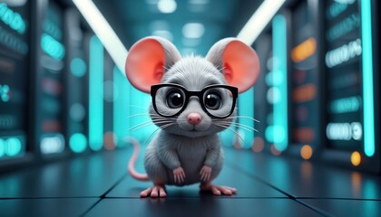 Cute mouse wearing glasses stands in futuristic data center. Adorable tech mouse in advanced technology background. Cybernetic rodent looks intelligent. Modern technology theme. Innovation,