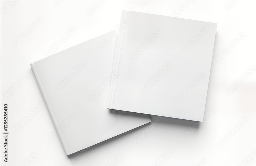 Aufkleber two blank square brochures lie atop on white surface. brochures white, empty space for printing desi