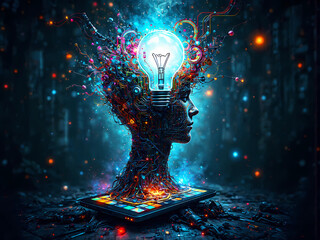 Mensch mit digitalem Gehirn in futuristischer Umgebung