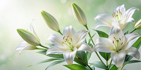 Fototapeta premium Elegant White Lily Floral Pattern, Soft Green Leaves - Minimalist Botanical Stock Photo