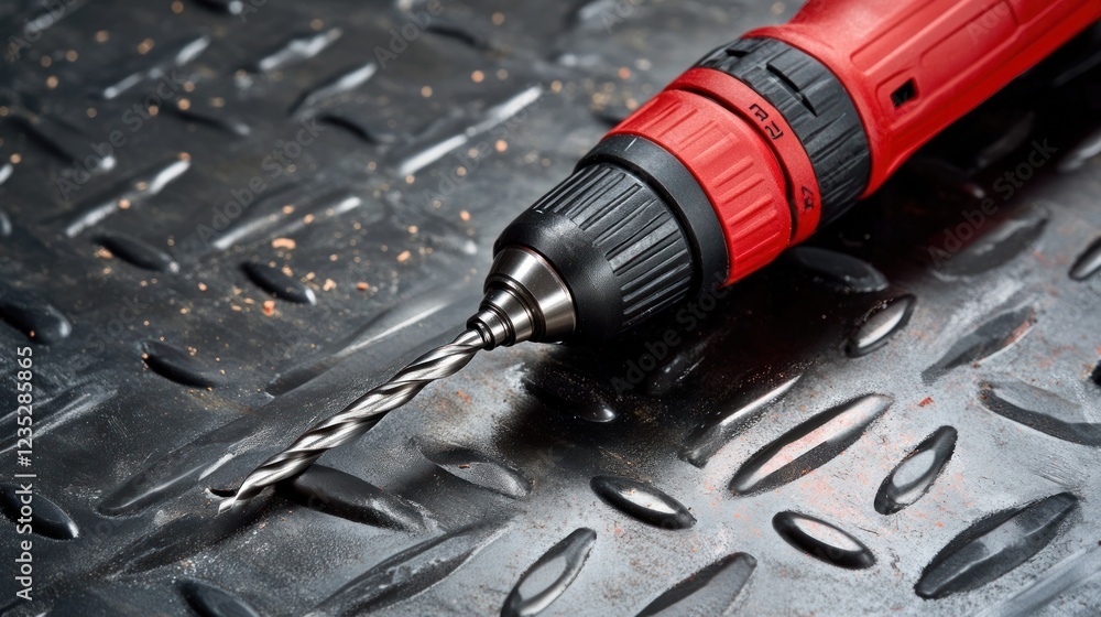 Aufkleber red cordless drill with drill bit on metal surface