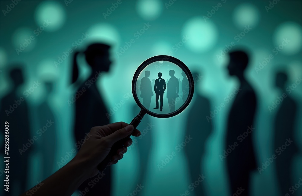 Poster magnifying glass focuses on business person in crowd. searching for talent. hiring process. human re
