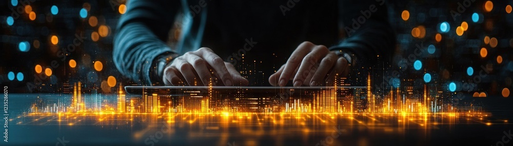 Poster Hands Using Tablet Displaying Illuminated Cityscape