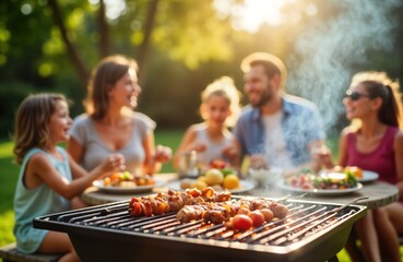 Happy family and friends enjoy summer picnic barbeque in garden. They are sitting around table...