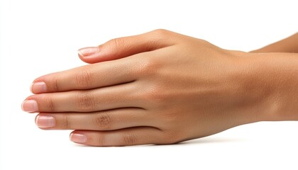 A woman's hands rubbing together on a white background, focusing on the application hand sanitizer.