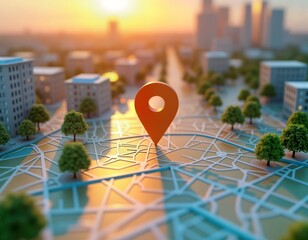 City map concept shows location pin. Business location pinpoint on map. 3D rendering of detailed street layout, buildings. Orange pin points business on city map. Trees, buildings part of scene.