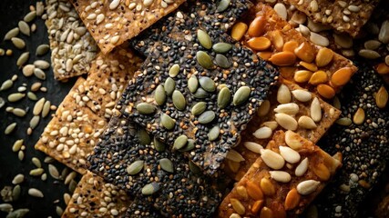 Closeup of assorted seed crackers rotating in warm light - Powered by Adobe