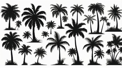 A collection of silhouetted palm trees of varying sizes, arranged against a white background. These tropical silhouettes evoke a sense of paradise and relaxation.