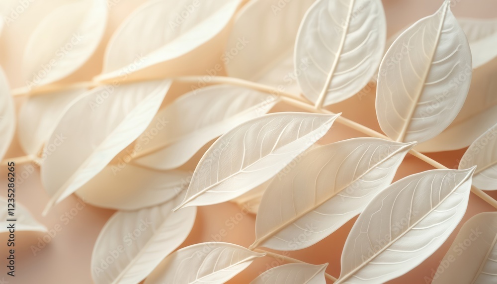 Poster delicate white leaves with transparent veins layered on soft beige background. close-up view emphasi