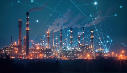 Fototapeta premium Industrial complex at night. Modern factory with tech network connections. Lights illuminate machinery, smokestacks. Visible emission from pipes. City skyline in background. Eco-friendly innovations