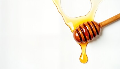 Honey drips from wooden honey dipper on white surface. Golden honey flows. Sweet natural ingredient. Close-up view. Organic food. Healthy eating. Culinary concept. Food photography. Sweet treat.
