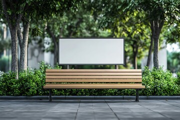 A wooden bench in a park with a blank advertisement board surrounded by greenery.