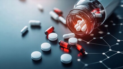 A bottle of pills spilling onto a futuristic surface with a molecular structure background, symbolizing pharmaceuticals, medicine, and drug research
