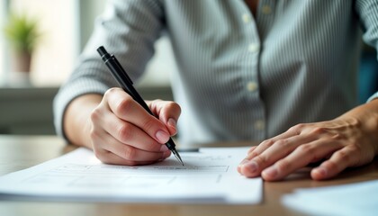 Person carefully fills out paperwork. Hand holds pen, writing on form. Process of completing official application. Focus on hand, pen. Documents on desk. Possible scenarios include filling