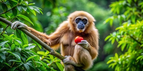 Fototapeta premium Endangered Lar Gibbon (Hylobates lar) Feeding on Tomato - Drone Aerial View