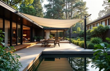 Obraz premium Modern house patio area with wooden deck, swimming pool. Dining table, chairs under stylish sunshade. Rich green plants surrounds patio. Sunlight bathes area in warm glow. Relaxing outdoor space