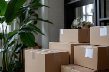 A collection of neatly stacked cardboard boxes beside vibrant green plants, creating a serene atmosphere in a well-lit interior with a modern aesthetic.