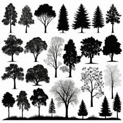 Fototapeta premium A collection of diverse tree silhouettes, showcasing various species and shapes against a white background. Ideal for design projects needing natural elements.