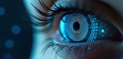 Close-up view of eye futuristic biometric tech patterns. Intricate blue digital patterns suggest advanced scanning security tech for eye authentication. Concept illustration for innovative security