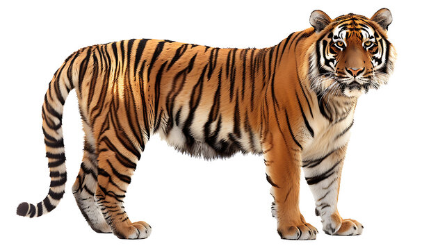 A fierce tiger standing with piercing eyes and detailed stripes, isolated on a white background.